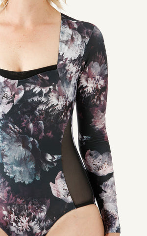 Long sleeved sunsafe swimsuit black floral print