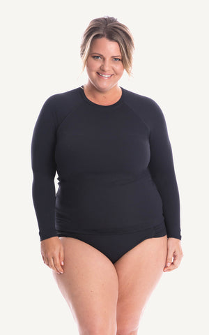 Long Sleeve Rash Top with inbuilt bra Bust Support Black Sun Protection Swimsuit Swimwear Swimming Beach Pool Women Sizes Tummy Moulded Plus Size Lycra 